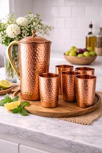 Copper jug set for premium clean <b>water</b> lifestyle storage metal set with <b>glasses</b> durable reusable kitchen dining drinkware - Product Image 2