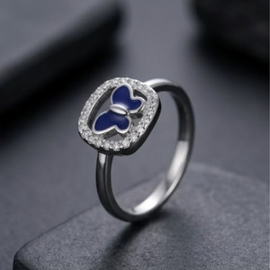 Bague en argent sterling 925 avec papillon bleu en émail, zircone cubique et halo carré, bijou élégant en forme d'animal, cadeau pour femmes et filles - Product Image 2