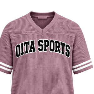 Dusty Pink Knit <b>V</b> <b>Neck</b> Sports Jersey Short Sleeve White Stripe Detail Custom <b>Oversized</b> Casual Athletic Performance Team <b>Shirt</b> - Product Image 3