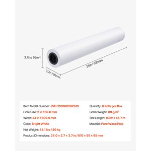 Rotolo di Carta per Formato Largo 24 pollici x 150 piedi per CAD, 8 Rotoli con Anima da 2 pollici, Carta Bond 20 LB, Rotoli di Carta per Ufficio - Product Image 4