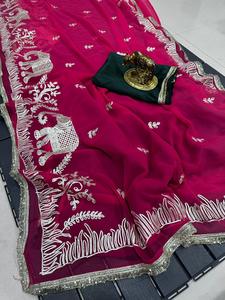Sari Moderno de Chinon Suave con Hermoso Trabajo de Cintas para Fiesta de Diwali o Baile de Graduación - Product Image 1