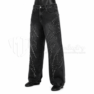 Pantalones Vaqueros Anchos Negros Desgastados para Hombre, Estilo Urbano Informal con Roturas Intensas - Product Image 3