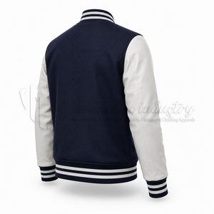 Chaqueta Varsity Azul para Hombre con Mangas de Cuero Blanco, Estilo Preppy, Corte Regular, Cuello Camisero, Cierre de Botones, Ropa de Otoño - Product Image 4