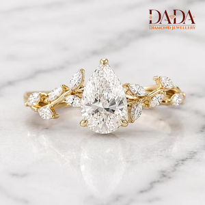 Lab Grown Pear Cut Diamond Engagement <b>Ring</b> with Pear Leaf Accents <b>Custom</b> Fine Jewelry for Women - Product Image 1