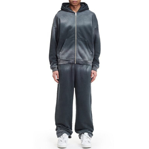 Unisex Garment Dyed Cotton Tracksuit Full <b>Zip</b> <b>Hooded</b> Loose Fit Solid Color Casual Sweat Suit Autumn Adult Wear - Product Image 1