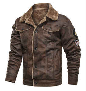Men Brown Genuine Leather <b>Sherpa</b> <b>Lined</b> Bomber Jacket Windproof Winter Outerwear Moto Biker Style Turn-down Collar - Product Image 3
