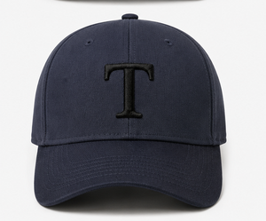 Casquette de baseball bleu marine à 6 panneaux avec logo T brodé à la main sur le panneau avant, ajustable, unisexe, décontractée, en sergé de coton - Product Image 1