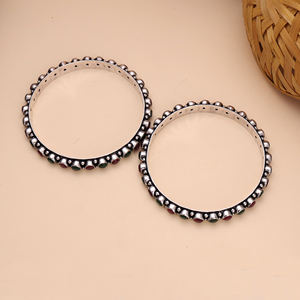 Bracelets ethniques en laiton oxydé plaqué argent antique avec sertissage clos et pierres artificielles rouges et vertes pour femme, cadeau de fiançailles - Product Image 4