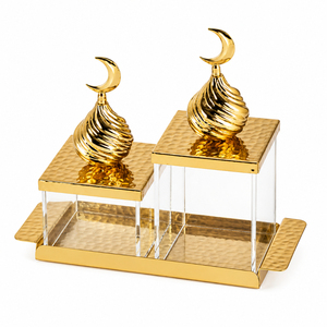 Atractivo tarro de cristal para almacenamiento, bandeja de metal plateado martillado y tapas de cúpula de luna creciente, vajilla y utensilios de mesa al por mayor estilo islámico - Product Image 4