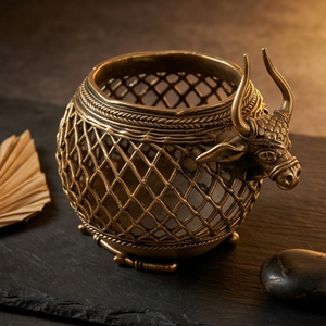 Maceta de latón Dhokra Premium con diseño de toro y cesta de malla, maceta artesanal de metal para plantas aéreas, flores secas y arreglos florales. - Product Image 2