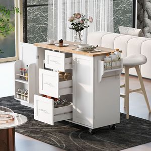 Carrello da Cucina con 3 Cassetti e Ruote, 2 Ripiani Estraibili, Scaffale Interno e Piano in Legno di Gomma - Product Image 3
