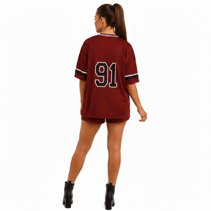 Conjunto de Camiseta y Pantalones Cortos de Fútbol Americano Color Granate para Hombre, Talla Grande |   Número personalizado 91, estampado transpirable de secado rápido - Product Image 2