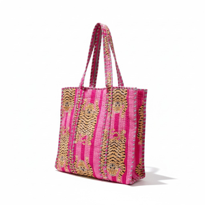 Bolso Tote Acolchado de Algodón - Estampado Indio en Bloques, Bolso de Playa Grande con Estampado de Leopardo Rosa para Mujer - Product Image 1