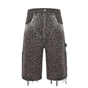 Men's Mid Waist Distressed Denim <b>Overalls</b> Diamond Decoration Raw Hem Hip Hop Streetwear Cargo Pants 100% Cotton <b>Winter</b> Summer - Product Image 1