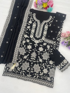 Kurti noir brodé avec pantalon palazzo, tenue ethnique traditionnelle pour femmes, longueur au sol, Inde, Pakistan, coton, coupe ample - Product Image 2