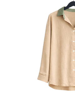 Conjunto de dos piezas para mujer, camisa beige y pantalones anchos de color verde claro, conjunto informal de lino para verano, fabricante de ropa OEM personalizada - Product Image 3