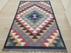 Alfombra Kilim Hecha a Mano con Patrón Geométrico, Tejido Plano de Lana y Acrílico, Rectangular, Reversible, con Base de Yute, para Pasillo - Product Image 1