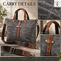 Sac fourre-tout en toile cirée lavée avec poignées de transport |   Sac de transport quotidien gris avec bandoulière amovible et fermeture à pression