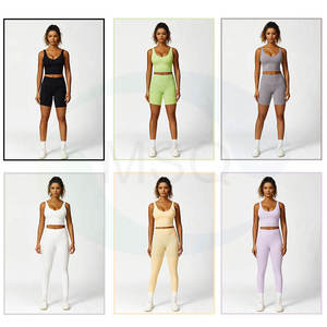 Ensemble de yoga 2 pièces respirant et écologique : Crop top sans coutures à col rond et bretelles spaghetti, couleur unie, taille haute - Product Image 2