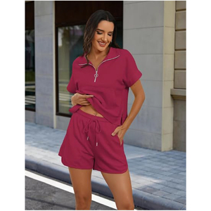 Ensemble deux pièces décontracté d'été pour femme : Haut pull demi-zip avec poches et short de sport couleur unie, sans couture sur le devant - Product Image 2