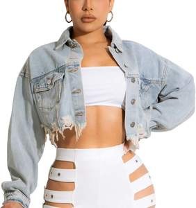 Women's Cropped Denim Jacket with Button-up Long Sleeves Ripped and Distressed Design Frayed Autumn/Winter - Product Image 1