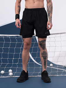 Kvetoo Black Woven Solid 2-<b>Layer</b> 140g Polyester Breathable Quick Dry <b>Mid</b> Waist String Elastic Running Shorts Men-Fitness Sports - Product Image 5