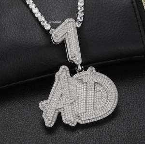 Pendentif personnalisé avec lettres et chiffres sertis de pierres, style Hip Hop, pendentif nom à deux lettres, bling, pour rappeur, pour cadeaux de bijoux - Product Image 5