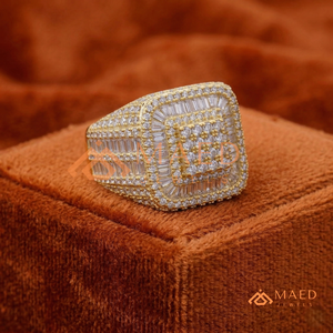 18K Gold Plated Tiered Square <b>Ring</b> | Iced Out Baguette & Round Stone Medallion | Hip Hop Gold Statement Band for <b>Men</b> - Product Image 3