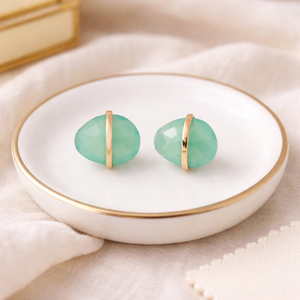 Chrysoprase Faceted Tumble Earring - Center Bezel <b>Stud</b> Earring, Oval Shape Faceted Gemstone Earring For Women - Product Image 1