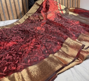KV Embroidered Banarasi Tissue <b>Saree</b> (<b>Maroon</b>) - Product Image 1