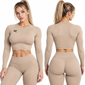 Women's <b>Long</b> <b>Sleeve</b> Yoga Crop <b>Top</b> Crew Neck Quick Dry Compression <b>Top</b> Solid Yoga Workout Base Layer Tee <b>Cropped</b> Fitness Tee - Product Image 2