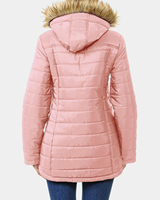 Veste matelassée rose pour femme avec capuche en fausse fourrure, manteau d'hiver chaud avec fermeture éclair et poches latérales