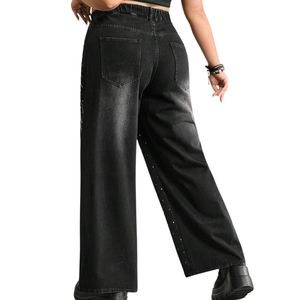 Vaqueros anchos personalizados con pedrería para mujer, de cintura alta, negros, estilo baggy, de mezclilla, moda urbana, OEM ODM, venta al por mayor - Product Image 2