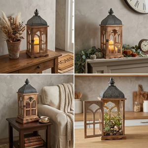 Farmhouse Wood Lantern Home Decor Wood Finish Wooden <b>Hurricane</b> Lantern with Galvanized Metal Top for Indoor Outdoor Use - Product Image 2