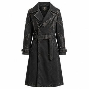 Abrigo Largo de Mezclilla de Lujo con Tachuelas para Hombre, Negro Lavado, Paneles de Cuero Sintético, Cinturón con Pedrería - Product Image 2