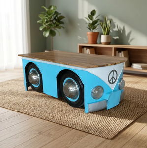 Table basse Volkswagen reproduite, fabriquée à partir de métal et de bois de véhicule, 120x60x45cm, mobilier industriel automobile vintage - Product Image 2