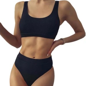 Ensemble de maillot de bain sportif 2 pièces pour femme, color-block, col rond, sans manches, short taille haute, en Spandex/Polyester, respirant et écologique - Product Image 4