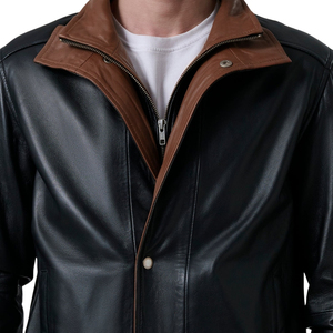 Veste de moto en cuir PU noir pour homme, col contrasté marron, fermeture éclair, style biker - Product Image 6