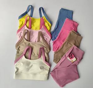 Conjunto de yoga de 2 piezas para mujer con bloques de color de alta intensidad, espalda cruzada, cintura alta y sujetador deportivo sin mangas - Product Image 4