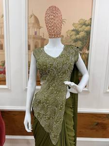 Sari Reversible de Diseño para Mujer, Verde Oliva, con Blusa Bordada, Estilo Indo-Occidental, Listo para Usar, para Fiestas, Bodas, Estilo Étnico - Product Image 3