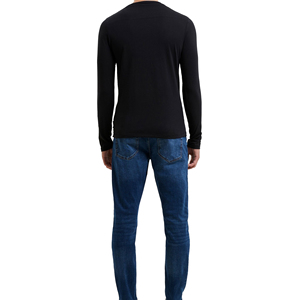 Camiseta de Manga Larga para Hombre, Cuello Redondo, Ajustada, de Algodón, Color Negro Sólido, Informal, Transpirable, Tejida - Product Image 5
