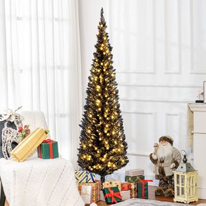 6ft Pre-Lit Pencil Christmas Tree Slim Artificial Xmas Tree Warm White LED <b>Lights</b> Realistic <b>Branches</b> Black Decorated for - Product Image 2