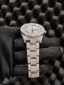 VVS Moissanite Diamond Encrusted Quartz <b>Watch</b> Round <b>Case</b> 41mm Analog Display Roman Numeral Stainless Steel Deployment Clasp Men - Product Image 2