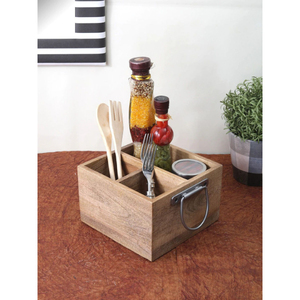 Cutlery Organizer Natural Brown Color <b>Caddy</b> Indian Handcrafted Wood <b>Caddy</b> With Handle For <b>Kitchen</b> Multi Purpose - Product Image 2
