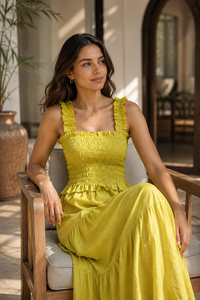 Yellow Sleeveless Maxi <b>Dress</b> Mock Neck <b>Ruffle</b> Hem Fit Flare Boho Floral 100% Linen Flared Summer Casual Leisure Women <b>Dress</b> - Product Image 6