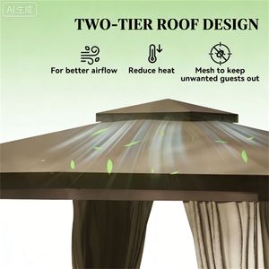 Pavillon à toit souple couleur kaki avec rideaux de protection pour terrasses, pergolas et gazebos - Product Image 2