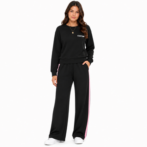 Women Black Tracksuit <b>Set</b> Pink Side Stripe Sweatshirt Wide Leg Pants Casual Athleisure Sportswear 100% Cotton Custom Logo - Product Image 1