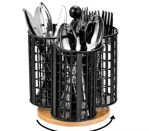Rotating Cutlery Holder Black Metal 360 Degree Spoon Fork Knife Organizer <b>Kitchen</b> Utensil <b>Storage</b> Stand Wooden Base <b>Rack</b> caddy - Product Image 1
