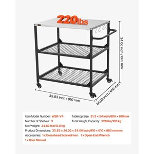 Carrello per Barbecue da Esterno a 4 Ruote con Piano di Lavoro in Acciaio Inox 31,5 X 24,0 Pollici, Tavolo da Cucina per Esterni - Product Image 3