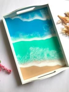 Plateau de service rectangulaire blanc en résine océanique, plateau de plage, décoration de maison de style côtier, œuvres d'art en résine époxy, cadeaux de pendaison de crémaillère - Product Image 2